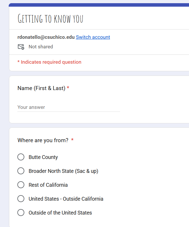 Screenshot of Getting to know you survey on Google.